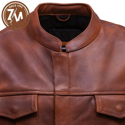 Arthur Real Sheep Brown Distressed Leather vest Coat Men’s Men Waist Coat collar style