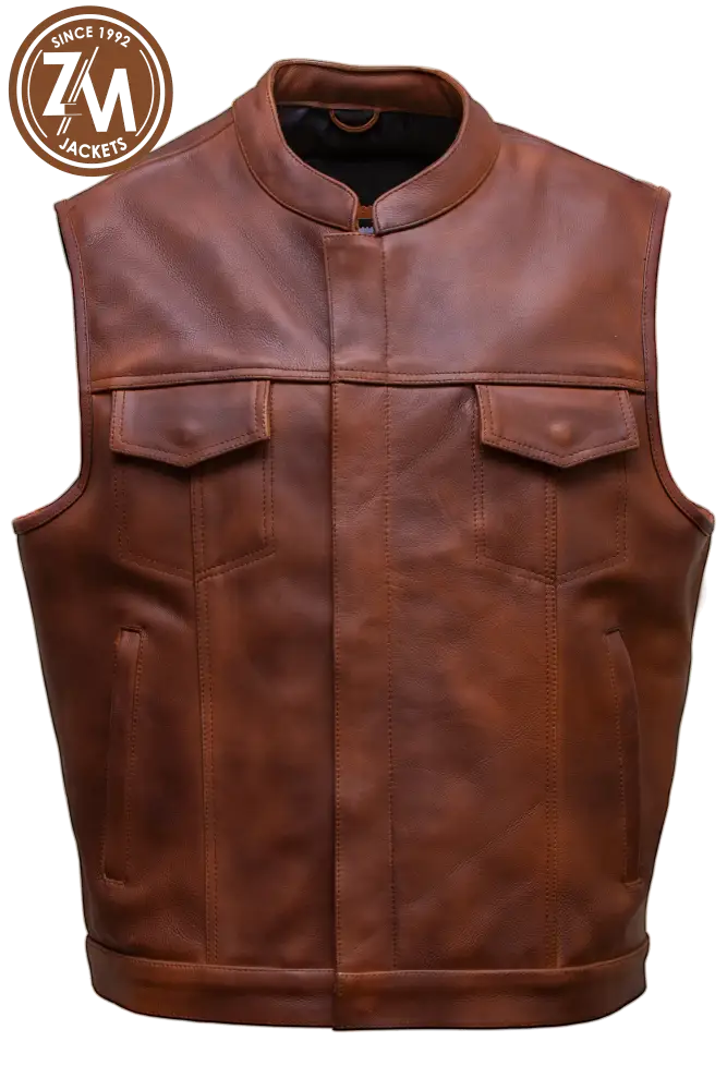 Arthur Real Sheep Brown Distressed Leather vest Coat Men’s Men Waist Coat front view