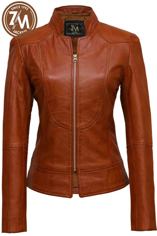 Bella Womens Cognac Biker Leather Jacket Xs Ladies Jacket front view 