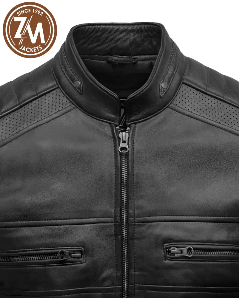 Cafe Racer  Men's Real sheep Leather Jacket Black