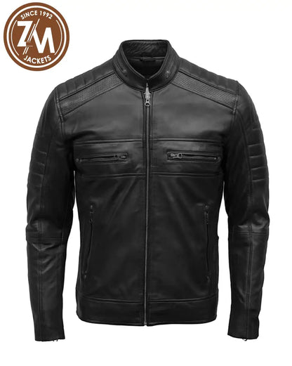 Cafe Racer  Men's Real sheep Leather Jacket Black