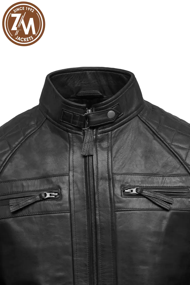 Diamond Men’s Real Sheep Leather Jacket Black Men collar