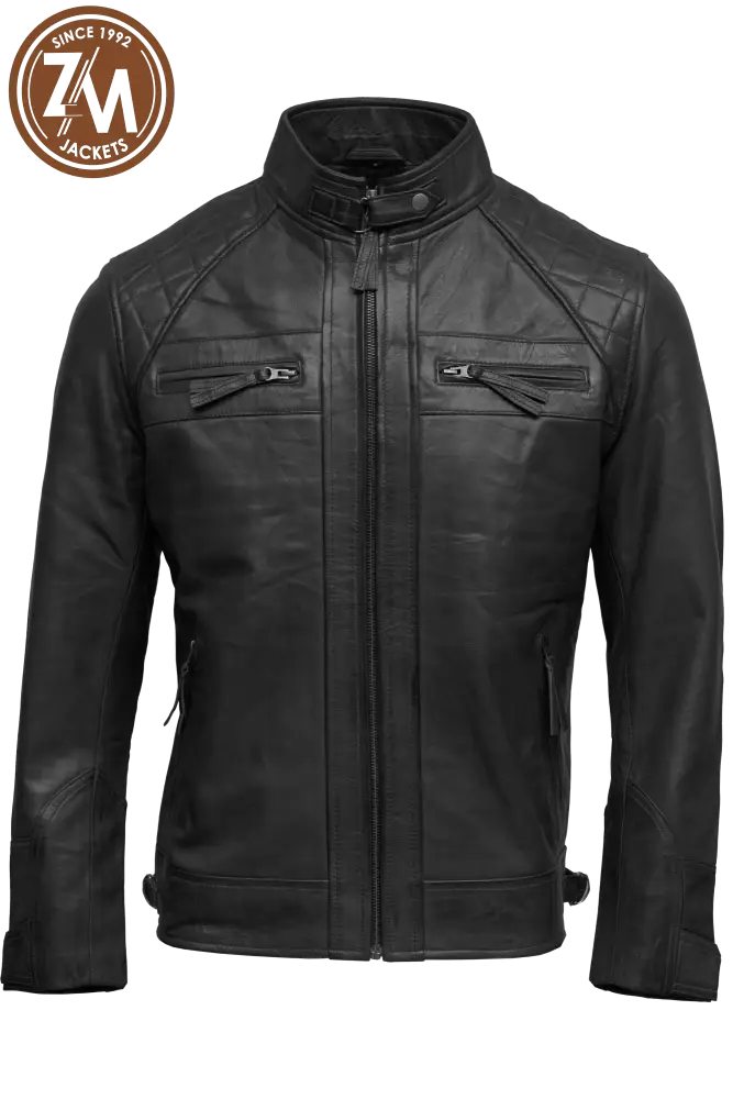 Diamond Men’s Real Sheep Leather Jacket Black Men front 