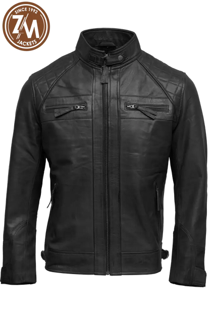 Diamond Men’s Real Sheep Leather Jacket Black Men front 