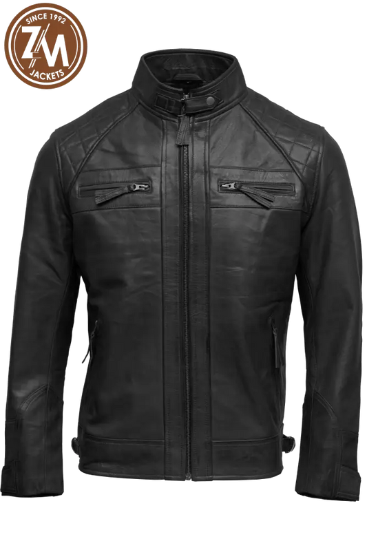 Diamond Men’s Real Sheep Leather Jacket Black Men front 