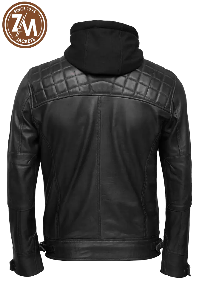 Diamond Men’s Removable Hood Real Sheep Leather Jacket Black Men Jacket back