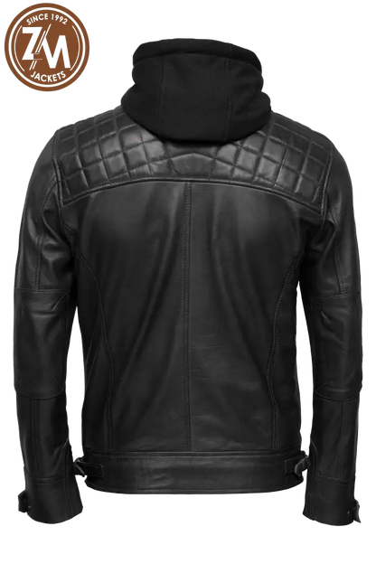 Diamond Men’s Removable Hood Real Sheep Leather Jacket Black Men Jacket back