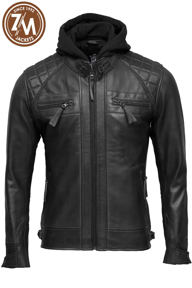 Diamond Men’s Removable Hood Real Sheep Leather Jacket Black Men Jacket front 