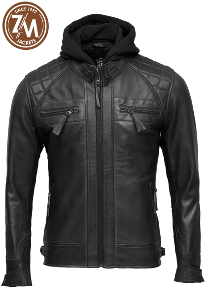 Diamond Men’s Removable Hood Real Sheep Leather Jacket Black Men Jacket front 