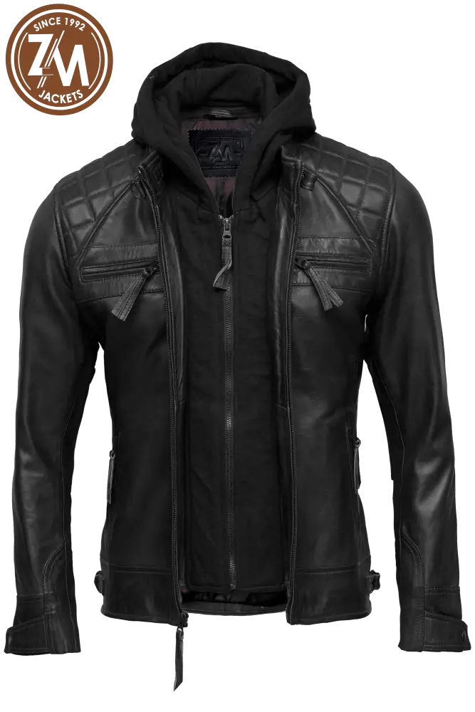 Diamond Men’s Removable Hood Real Sheep Leather Jacket Black Men open jacket 