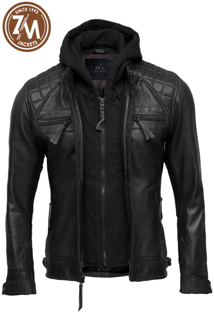 Diamond Men’s Removable Hood Real Sheep Leather Jacket Black Men open jacket 