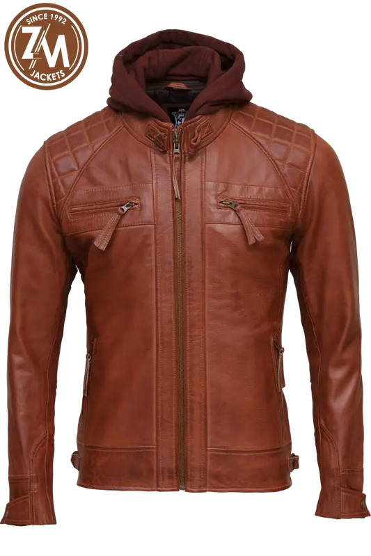 Diamond Men’s Removable Hood Real Sheep Leather Jacket Cognac Men Jacket front 