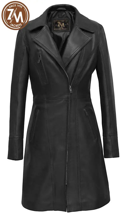 Elare Womens 3/4 Length Black Leather Coat Ladies 3Qtr front view 