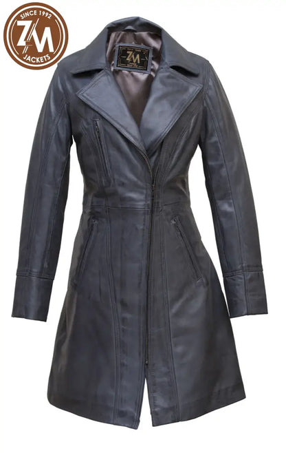 Elare Womens 3/4 Length Grey Leather Coat Ladies 3Qtr front view