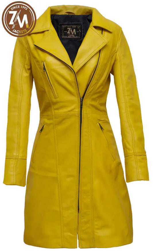 Elare Womens 3/4 Length Yellow Leather Coat Ladies 3Qtr front 