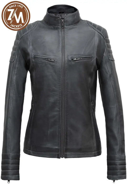Elle Women Dark Grey Biker Leather Jacket Xs Ladies Jacket front view 