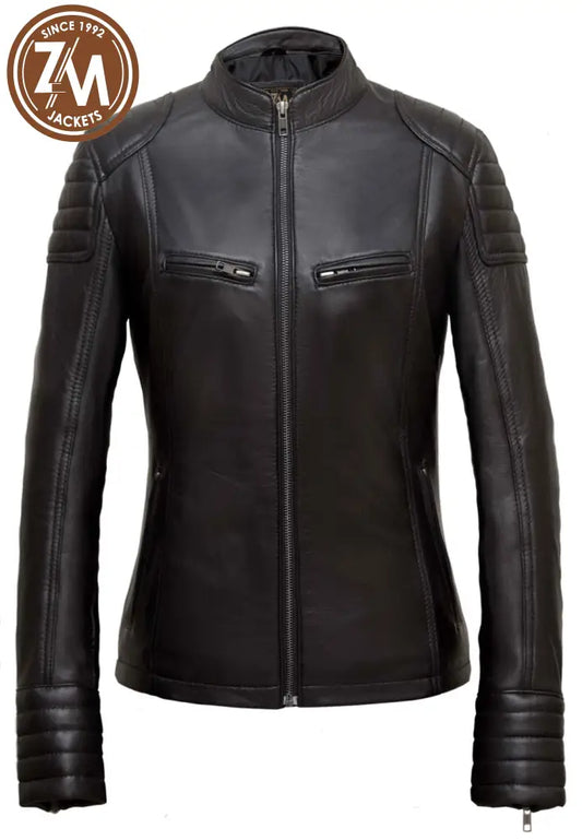 Elle Womens Black Biker Leather Jacket Xs Ladies Jacket front view 