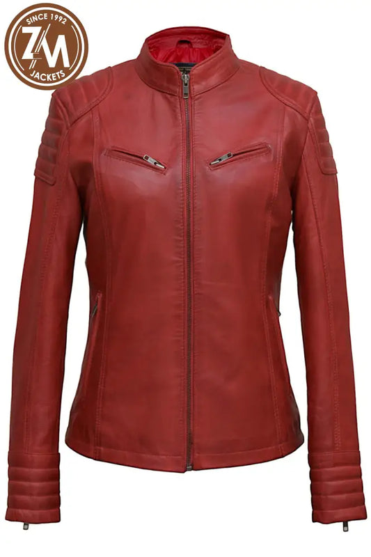 Elle Womens Red Biker Leather Jacket Xs Ladies Jacket front view 