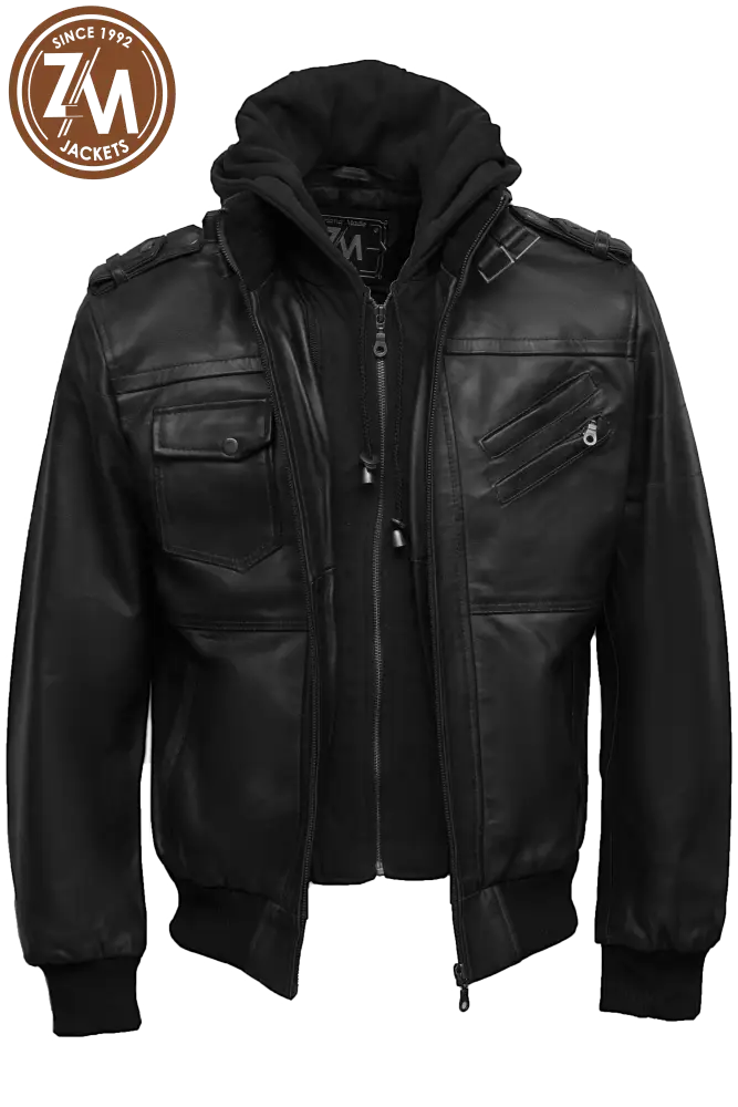 Luna Men’s Real Sheep Leather Jacket Removeable Hood Black Men Jacket open front 