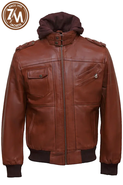 Luna Men’s Real Sheep Leather Jacket Removeable Hood Conic Men Jacket front 