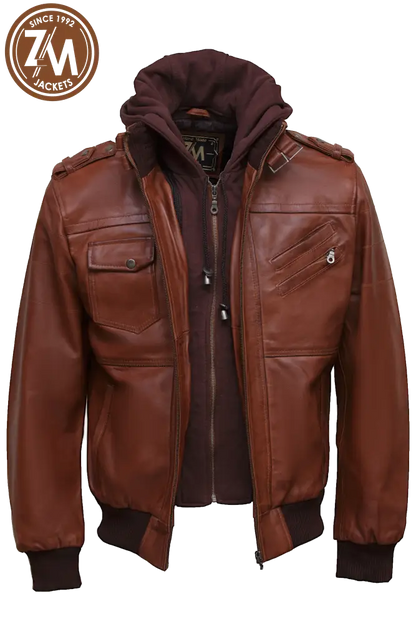 Luna Men’s Real Sheep Leather Jacket Removeable Hood Conic Men Jacket open front 