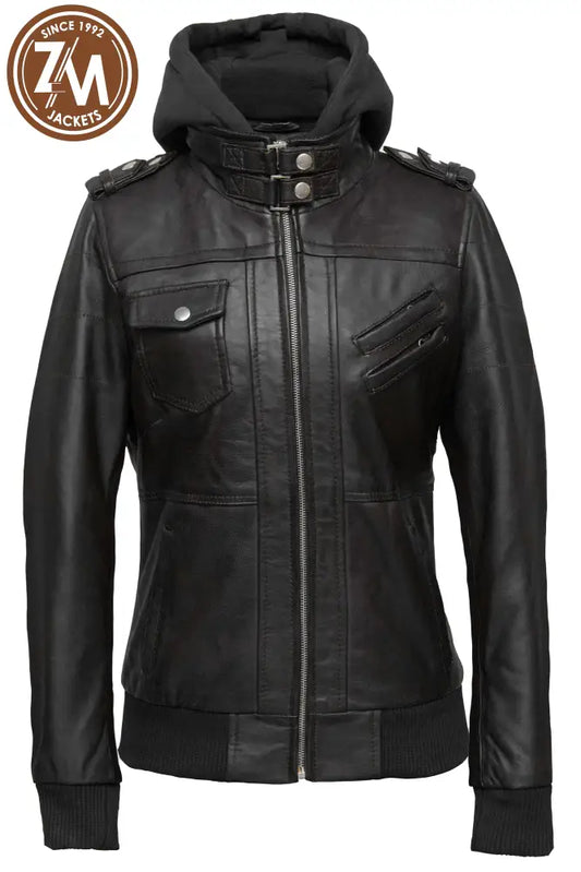 Luna Womens Black Leather Jacket With Removeable Hood Ladies Jacket front view