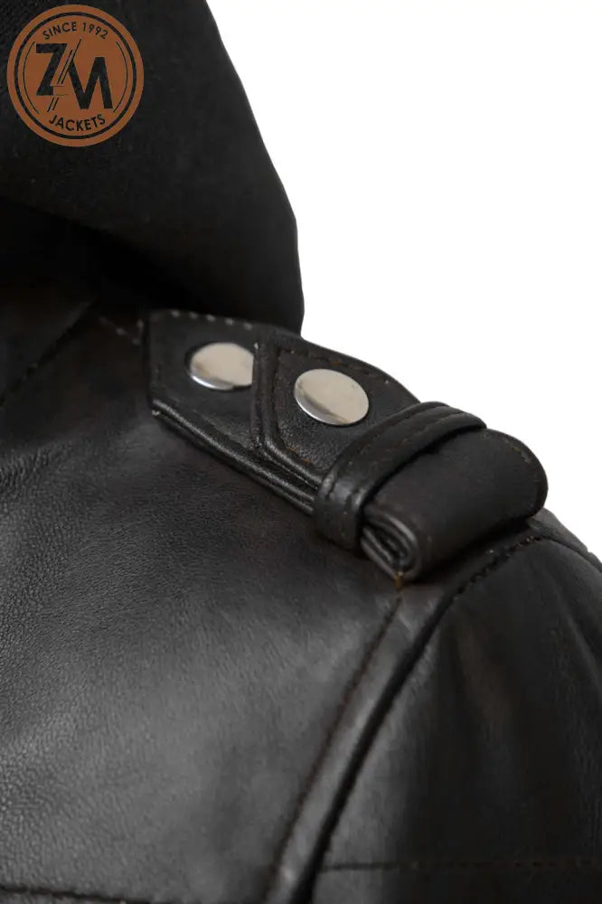 Luna Womens Black Leather Jacket With Removeable Hood Ladies Jacket shoulder strap