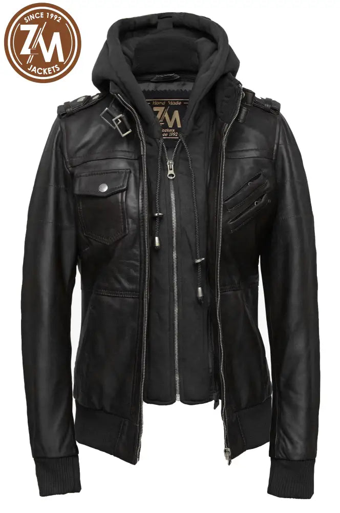 Luna Womens Black Leather Jacket With Removeable Hood Ladies Jacket open front 