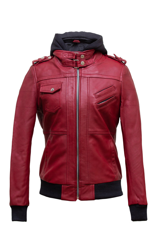 Luna Womens red Leather Jacket With Removeable Hood Ladies Jacket front view