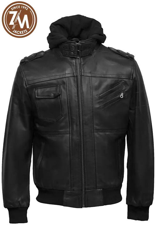 Front view of men's black leather jacket with removable hood