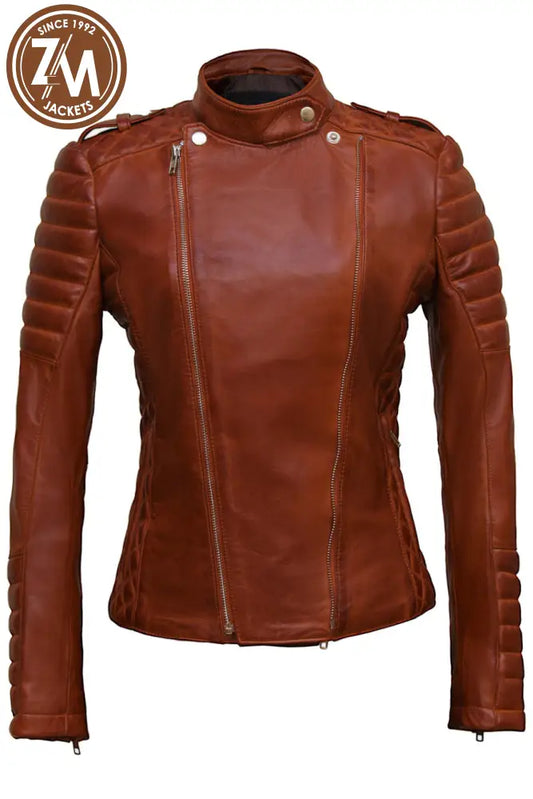 Monic Womens Cognac Asymmetrical Biker Leather Jacket Xs Ladies Jacket front view