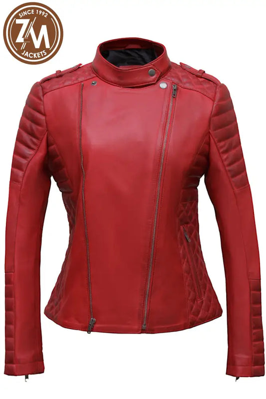 Monic Womens Red Asymmetrical Biker Leather Jacket Xs Ladies jacket front view 