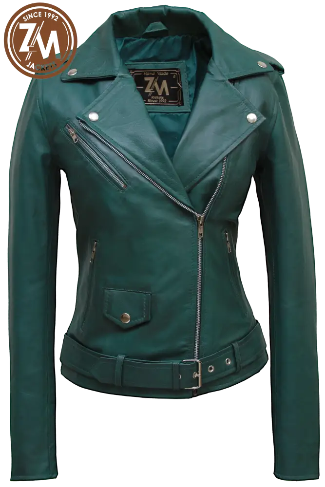 Nellie Biker Real Leather Jacket Women Green Ladies Jacket front 