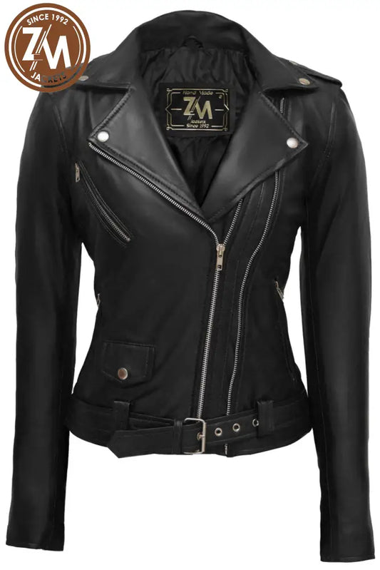 Nellie Womens Black Asymmetrical Leather Biker Jacket Xs Ladies Jacket front view 