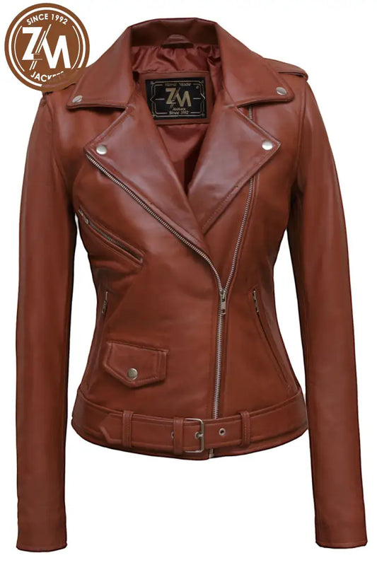 Nellie Womens Cognac Asymmetrical Leather Biker Jacket Xs Ladies Jacket front view 