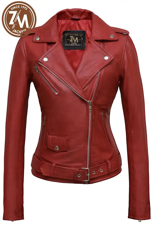 Nellie Womens Red Asymmetrical Leather Jacket Xs Ladies Jacket front view