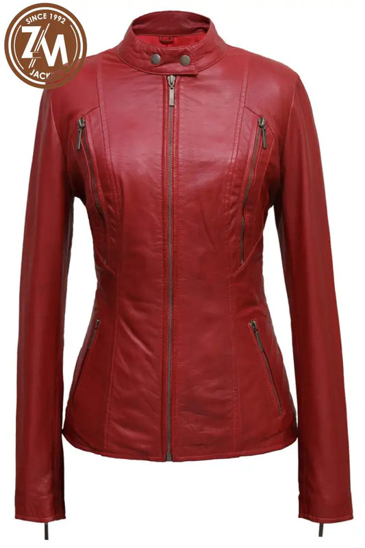 Rebel Womens Red Real Leather Jacket Xs Ladies Jacket front view
